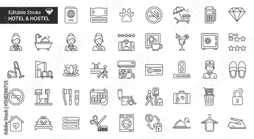 Hotel and Hostel Line Icons Editable Stroke Vector Graphics