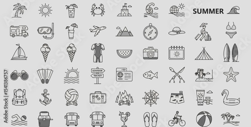 Summer Vacation Icons A Collection of Line Art Graphics for Travel and Leisure