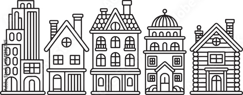 Black and White Line Art Illustration of Various Houses and a Skyscraper