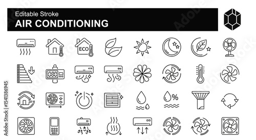Editable Stroke Air Conditioning Icons HVAC System, Cooling, Ventilation, Climate Control, and More