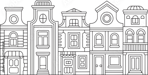 Black and White Line Art Row of Buildings Cityscape