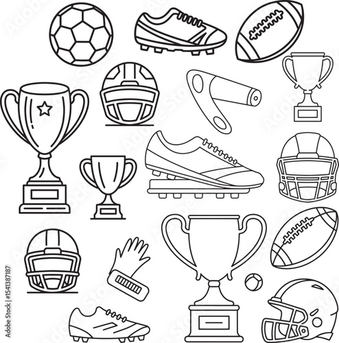 Black and White Line Art Sports Equipment and Trophies