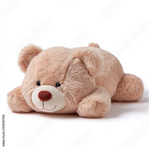 A cuddly plush teddy bear lounging peacefully waiting for hugs and playtime featuring soft fur and
