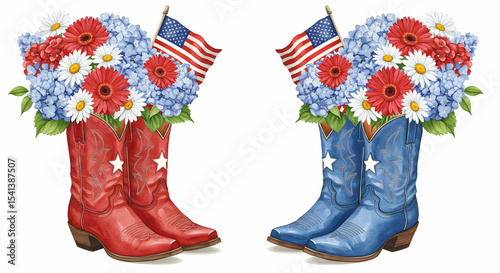 Patriotic cowboy boots with flowers and flags Fourth of July