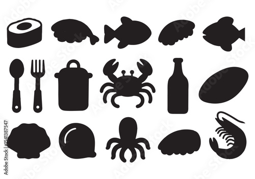 Seafood and Kitchen Silhouettes Icon Set Flat Grid Design on White Background