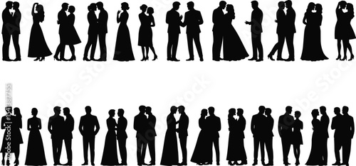 Silhouette couples standing together, romantic pose, love relationship, man and woman, affection, wedding, dance