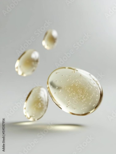 Transparent Floating Gel Capsules with Air Bubbles on Minimal White Background
