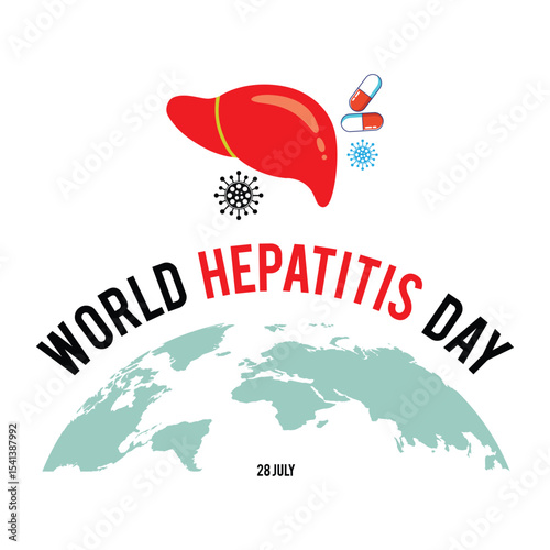 World hepatitis day illustration featuring a liver, pills, and earth globe for awareness