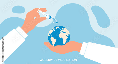 Global Vaccination Illustration: Hands, Syringe, and Blue Earth Globe