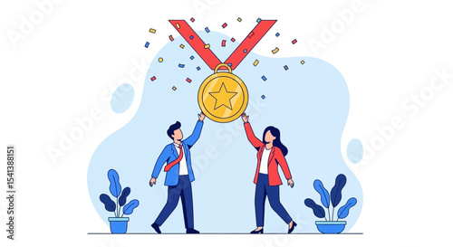 Gold Medal with Star Symbol, Red Ribbon, and Confetti Celebration