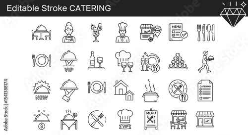 Editable Stroke Catering Icon Set Restaurant, Food Service, and Culinary Icons