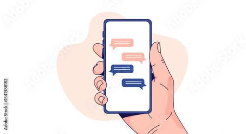 Hand Holding Smartphone Displaying Text Messages;  Blue Device, Pink and Blue Chat Bubbles