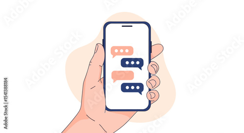 Hand Holding Smartphone with Chat Bubbles, Vector Illustration, Communication Concept