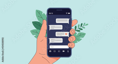 Hand Holding Smartphone Displaying Text Messages with Heart Emoji
