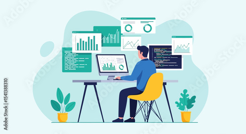 Vector Illustration of a Man Working on Computer with Data Charts