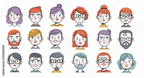 Vector Illustration of Diverse Cartoon Faces with Various Hairstyles