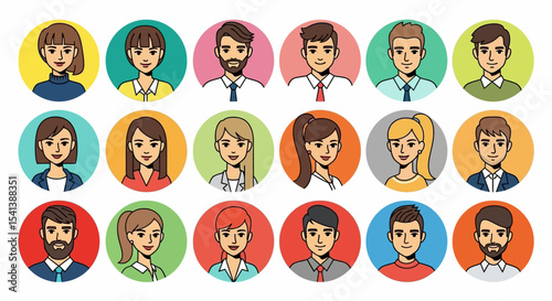 Vector Illustration of Diverse Cartoon People Portraits in Circles