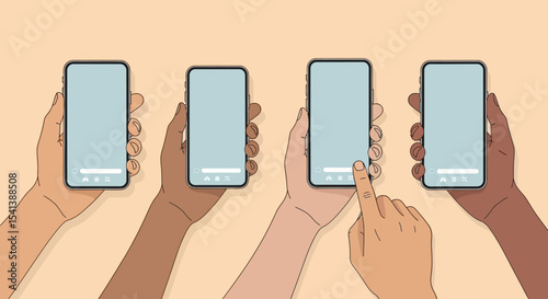 Diverse Hands Holding Smartphones with Blue Screens and Social Media Interface