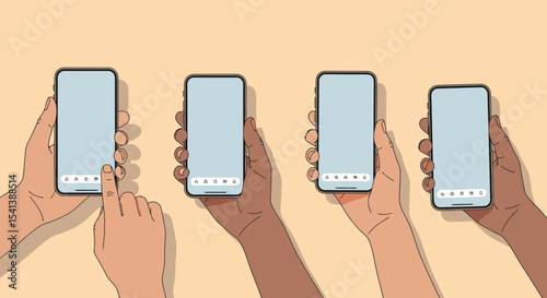 Diverse Hands Holding Smartphones with Blank Blue Screens, Finger Tapping Interface