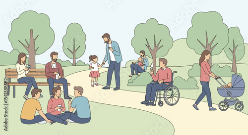 Diverse People Enjoying Park Activities: Illustration of Community Life