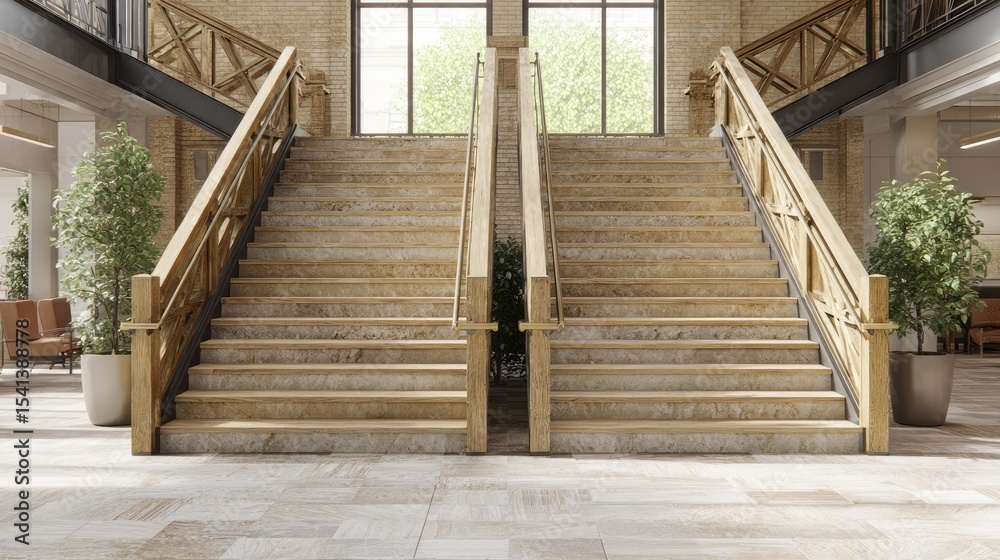 Fototapeta premium Wide indoor stairs with dual handrails, ideal for elder-friendly design