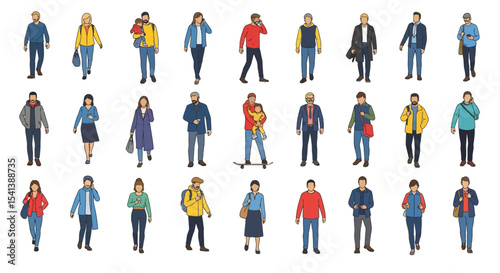 Diverse People Walking, Various Outfits, Casual and Formal Styles