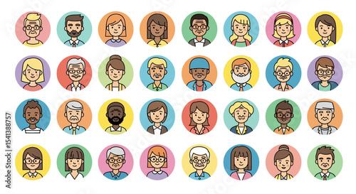 Diverse Set of 30 Colorful Line Art Avatar Icons: Smiling Men and Women of Various Ages and Ethnicities