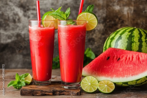 Wallpaper Mural Refreshing Watermelon Juice Glasses with Lime and Mint on Wooden slushie lime, summer Torontodigital.ca