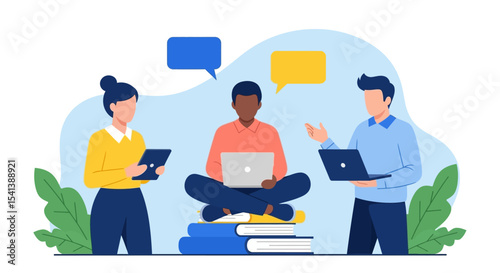 Diverse Team Collaboration with Laptops and Tablets on Books Illustration