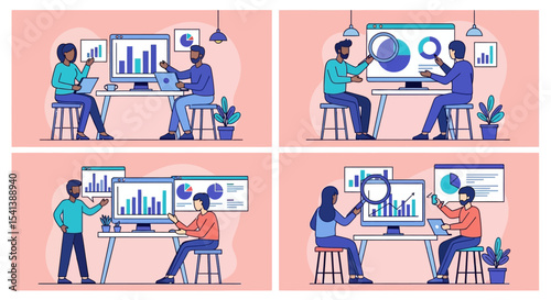 Diverse Team Analyzing Data on Multiple Displays in Modern Office Setting