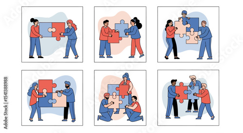 Diverse Teamwork: People Connecting Jigsaw Puzzle Pieces Illustration