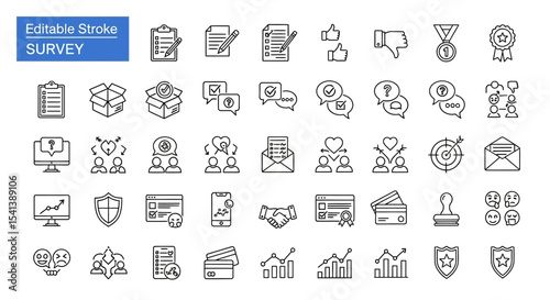 Editable Stroke Survey Icons Feedback, Evaluation, and Customer Satisfaction Line Art Graphics