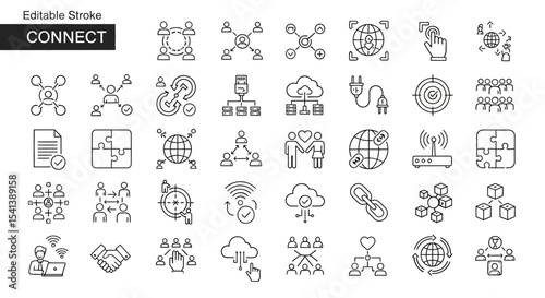 Editable Stroke Network Connection Icons Global Communication, Teamwork, and Technology Symbols