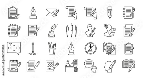 Writing and Editing Icon Set 30 Line Art Illustrations for Content Creation