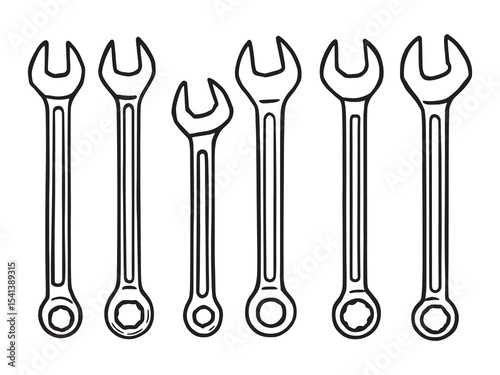 set of 6 psc different type of Wrench clear vision simple dark black line art on white (3).eps