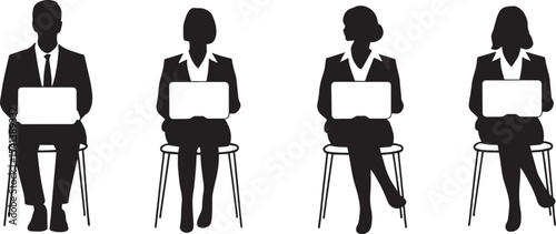 Black and White Silhouettes People Laptops Chairs person