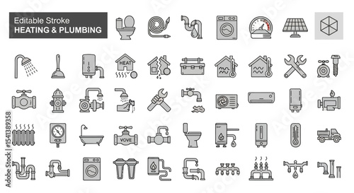 Heating & Plumbing Line Icons Editable Stroke Vector Pack