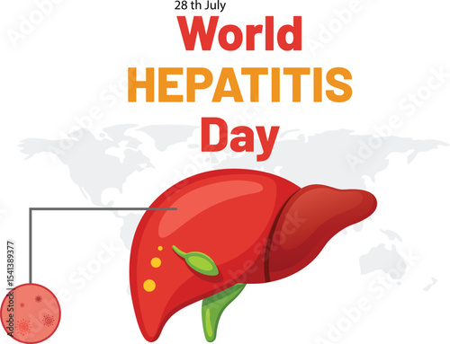 World hepatitis day illustration featuring a healthy liver anatomical diagram and a world map backdrop