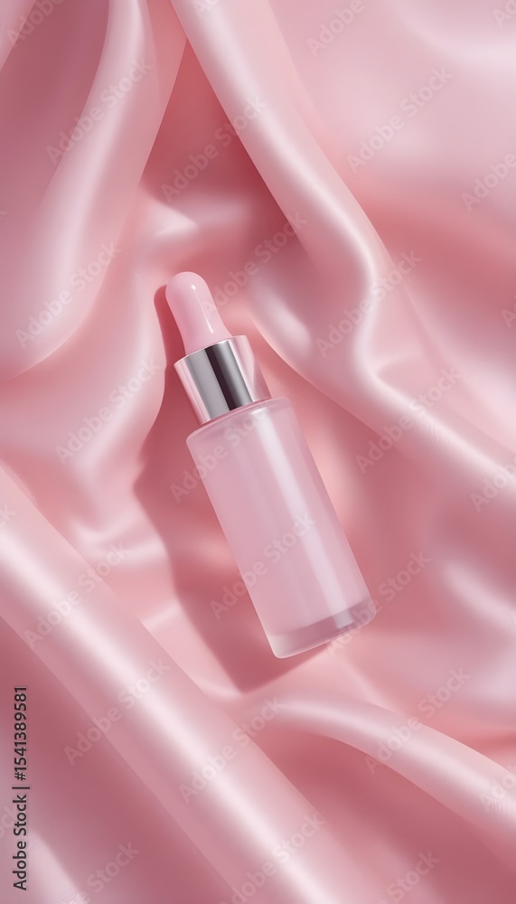 Obraz premium Minimalist Cosmetic Glass Bottle with Pink Dropper on Soft Pink Satin Background