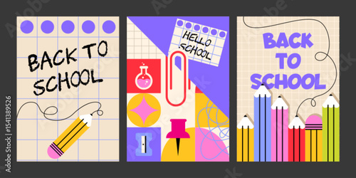 Modern back to school geometric posters collection - trendy educational designs with grid patterns, colorful shapes, pencils and science elements. Classroom decor or academic promotional materials.