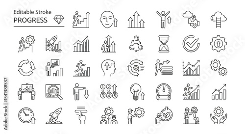 Progress Icons Editable Stroke Line Art Graphics for Growth, Success, and Development