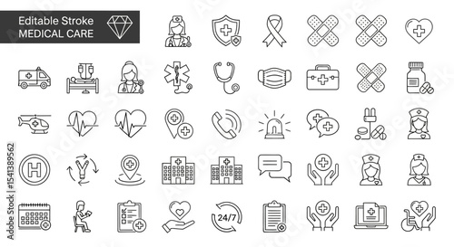 Editable Stroke Medical Care Icons Healthcare, Hospital, First Aid, Emergency, Doctor
