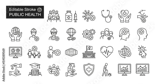 Public Health Icon Set Editable Stroke Vector Illustrations for Healthcare and Wellness