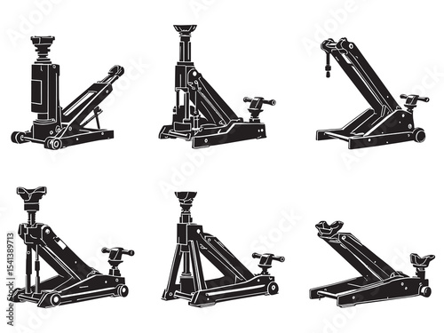 set of 6 psc different type of  Car jack clear vision simple dark black line art on white.eps
