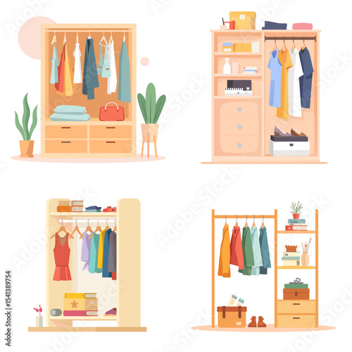 Set of stylish closets in a modern design with clothes and accessories in soft colors