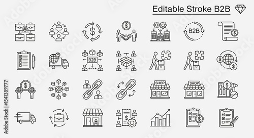 Editable Stroke B2B Business Icons Network, Logistics, and Commerce Line Art