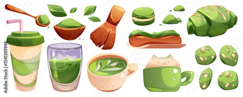 Cartoon matcha set - vibrant green tea products including latte cup, powder bowl with whisk, macarons, cookies and traditional accessories. Japanese beverage ingredients for cafe menu or Asian dessert