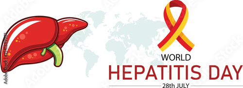 World hepatitis day illustration featuring liver organ and awareness ribbon with world map
