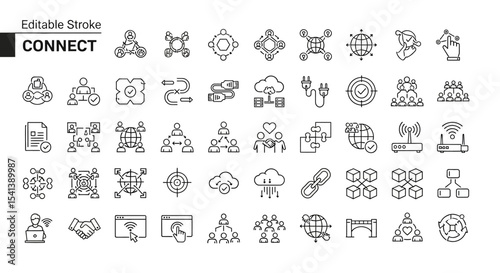 Editable Stroke Network Connection Icons  Global Communication, Teamwork, and Collaboration Symbols