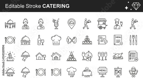 Editable Stroke Catering Icons Restaurant, Food Service, and Hospitality Line Art